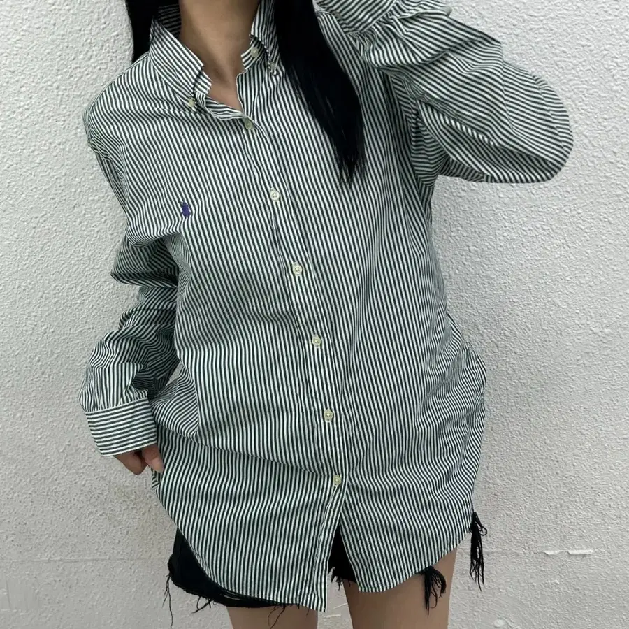 폴로 랄프로렌 퍼플포니 그린 스트라이프 셔츠 M