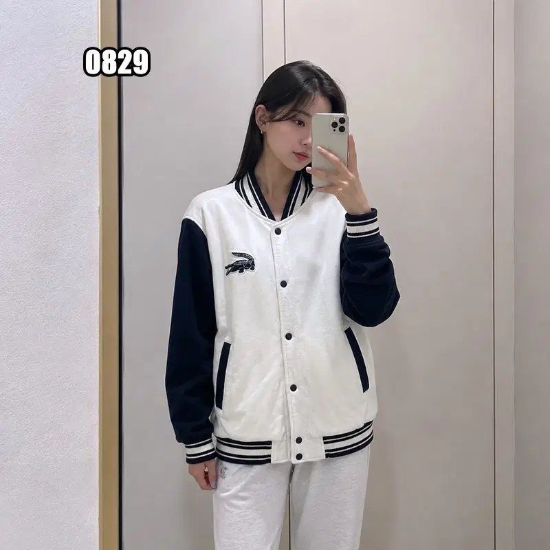 XL 라코스테 루즈핏 배색 코튼 바시티 자켓