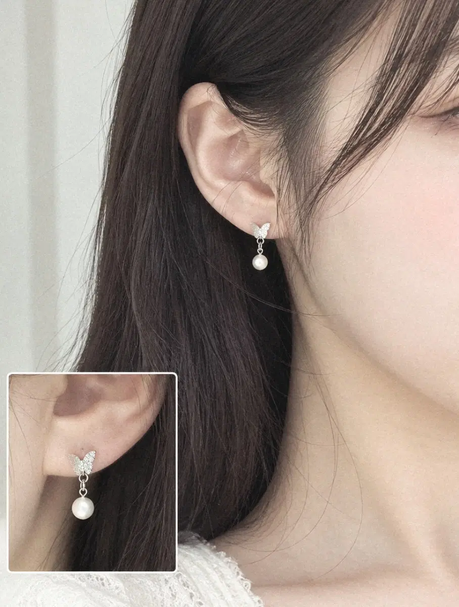 새상품 은침 나비 큐빅 진주 귀걸이