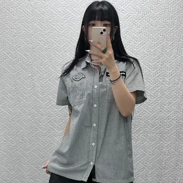 디키즈 올드스쿨 레트로 스트라이프 패치로고 반팔 셔츠 M C14658