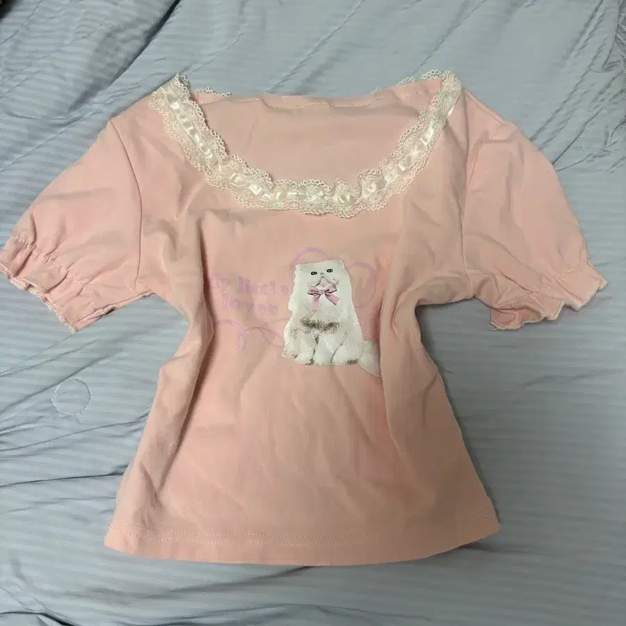 교신 핑크 고양이 상의 빈티지 의류
