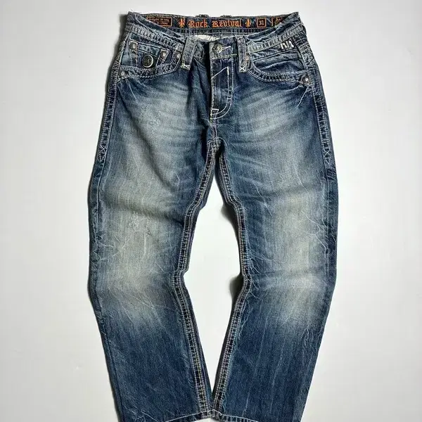 락리바이벌 빈티지 중청 워싱 스트레이트 데님 팬츠 R3995