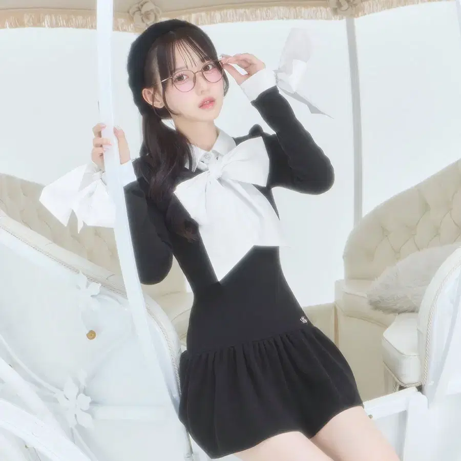 미셸마카롱 빅 보우타이 리본 레이어드 원피스
