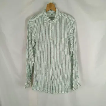 UNIQLO 스트라이프 긴팔 셔츠 M 그린 블루 린넨 B4989