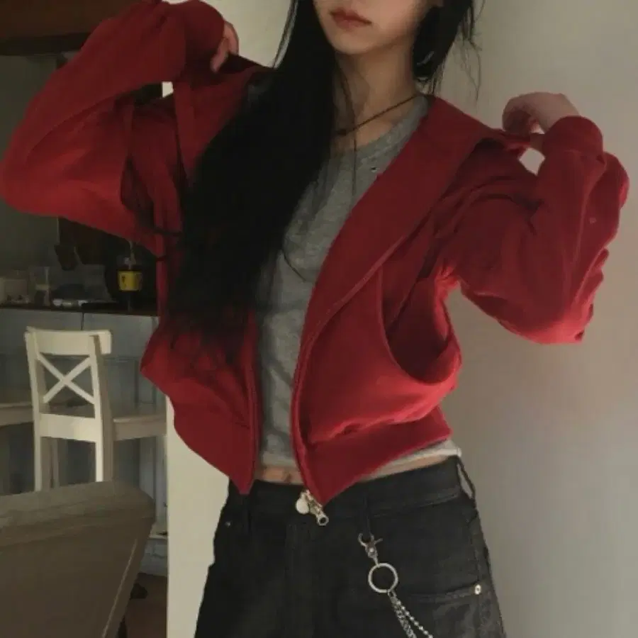 릿코어 라보 하이넥 절개 후드집업 레드