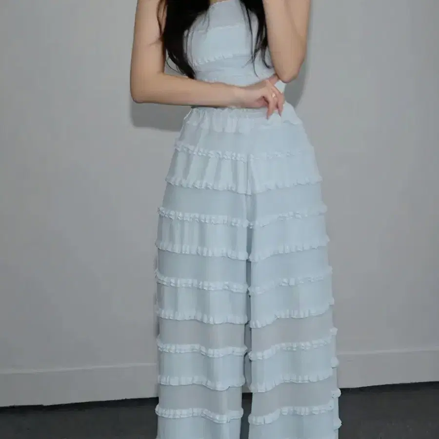 하늘색 캉캉프릴 와이드팬츠 set