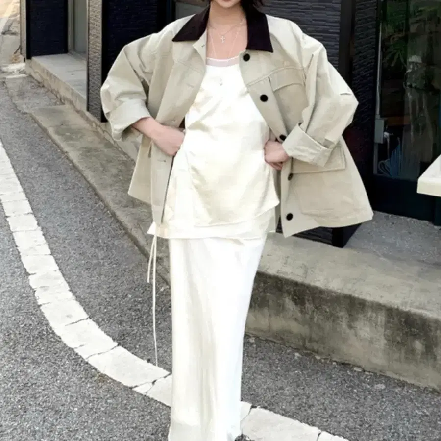새상품 하시에 HACIE 새틴레이어드 IVORY 셋업