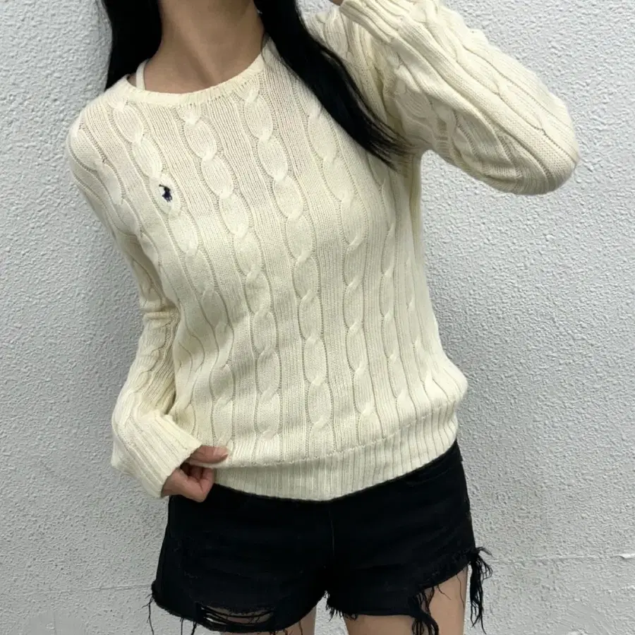 폴로 랄프로렌 네이비포니 아이보리 꽈배기 니트 M