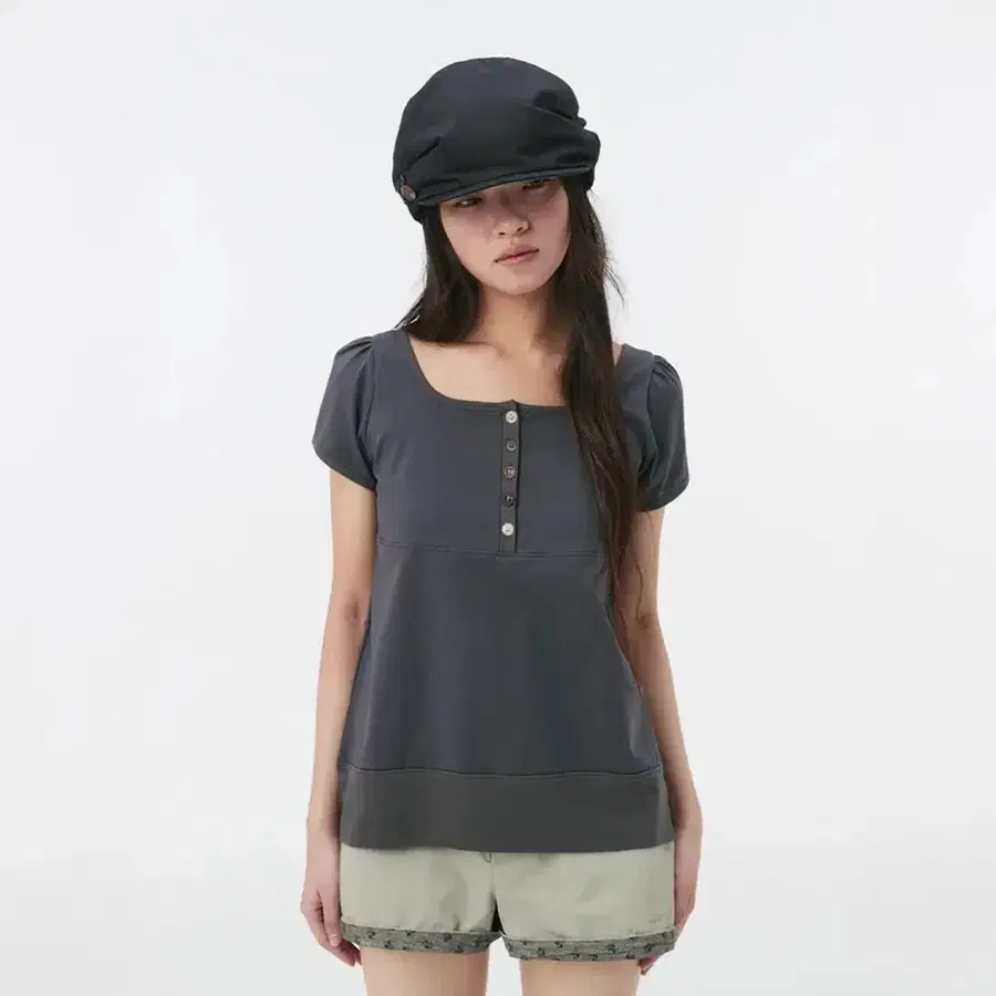오헤시오 SQUARE NECK JERSEY BLOUSE, CHARCOAL