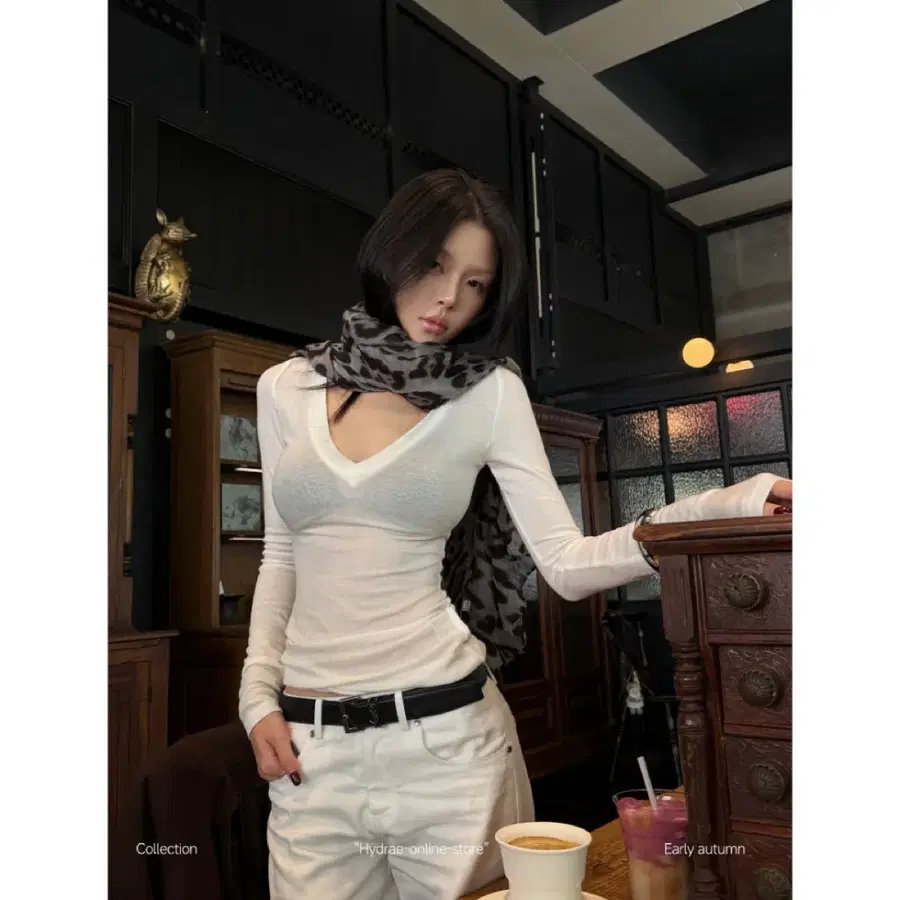 HYDRAE 티셔츠 긴팔티 시스루 투톤 브이넥 슬림핏 긴팔 티셔츠