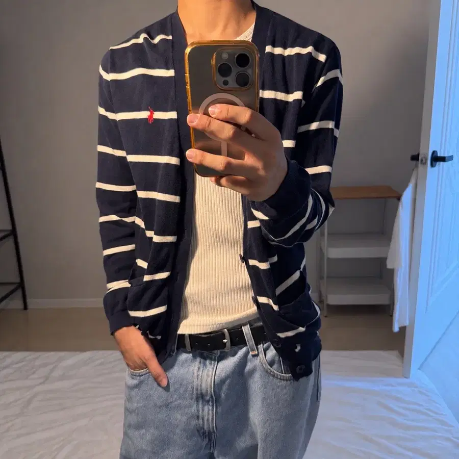 폴로 스트라이프 네이비 코튼 가디건