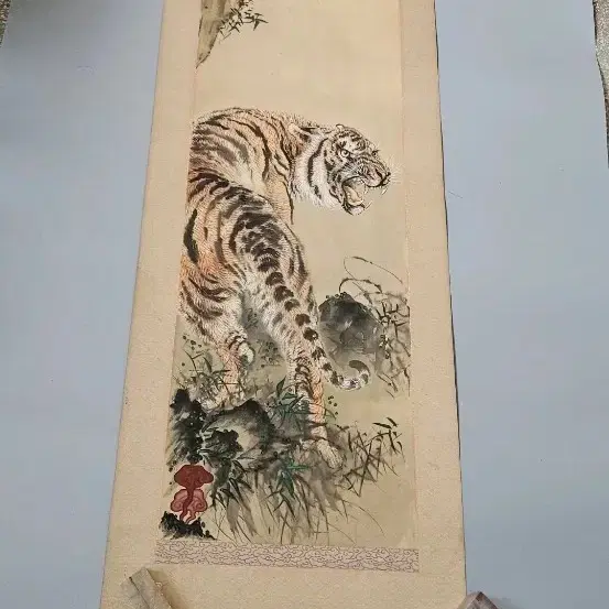 일본 고화 비단채색 죽림맹호도,호랑이 족자 그림,