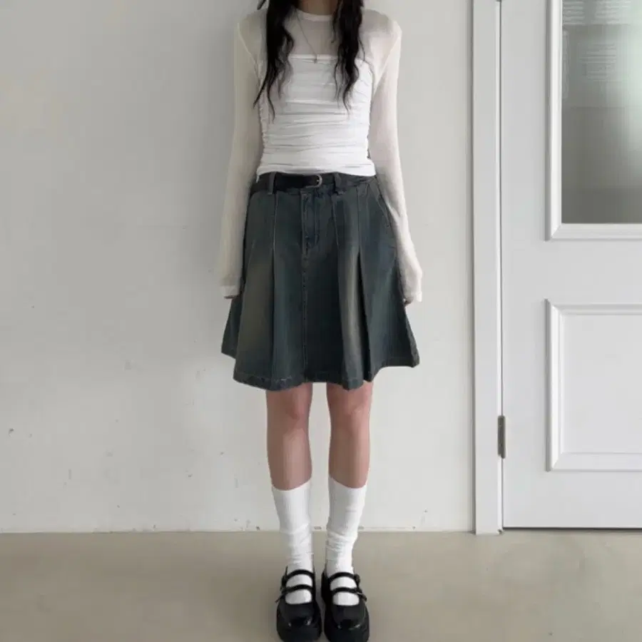옵텐소 빈티지 데님 플리츠 스커트(중청)