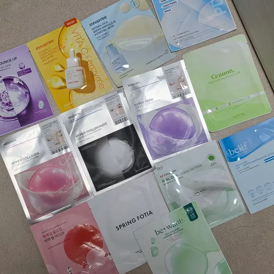 메디힐 겔마스크, 이니스프리 겔마스크, 믹순 겔마스크, 비원츠 겔마스크, 빌리프 겔마스크 등등
