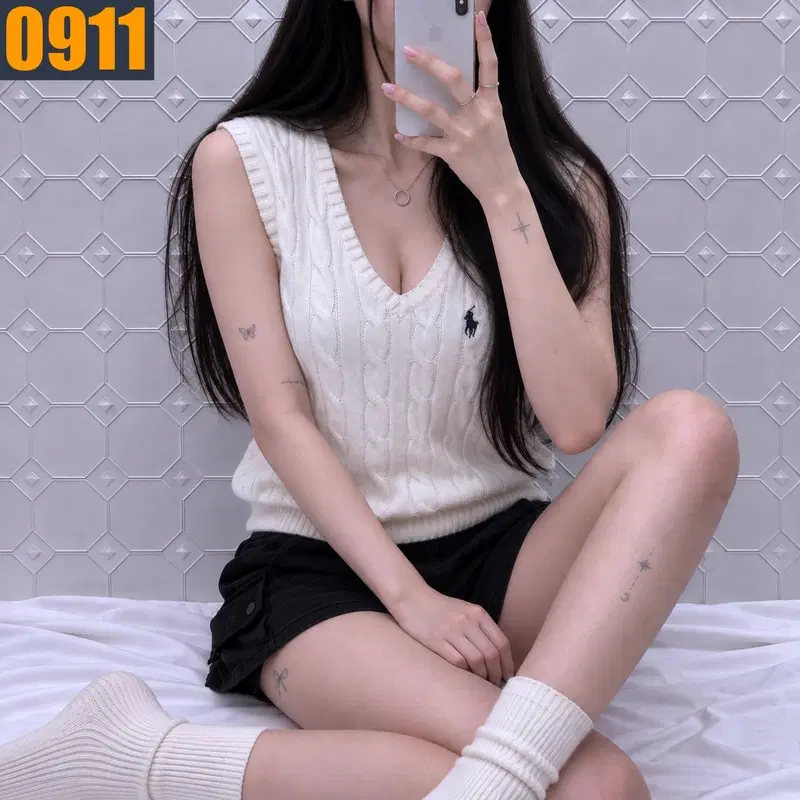 95 POLO 폴로 랄프로렌 아이보리 케이블 브이넥 니트 베스트 M