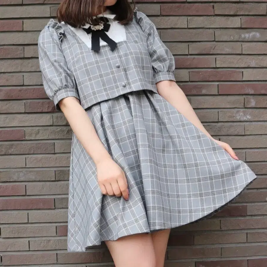 로지타 rojita 셋업풍 배색 카라 체크 반팔 긴팔 스쿨 넥타이 원피스 rojita