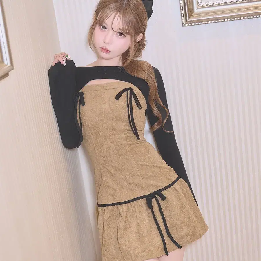 미셸마카롱 배색 컬러 리본 앙상블 원피스