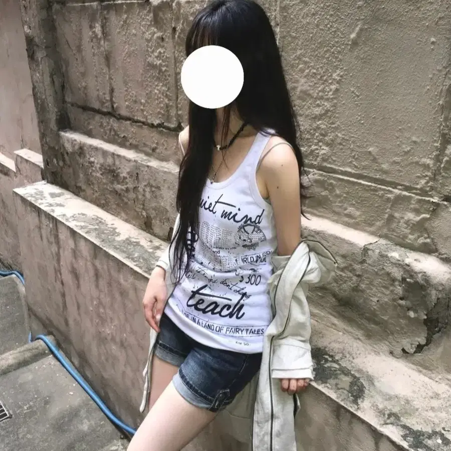 레이어룸 아우터 화이트 나시 세트 아이보리색 롱 점퍼 집업 빈티지