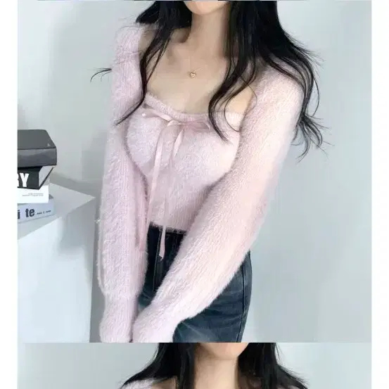 장원영st 핑크색 리본 니트세트