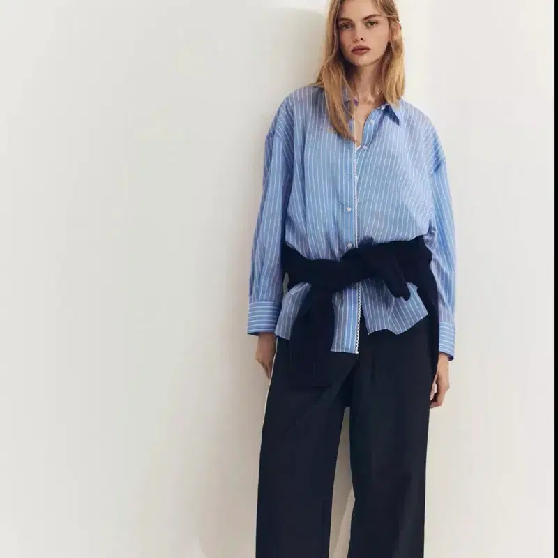 Zara 자라 포플린 오버사이즈 스트라이트 레이스 트리밍 셔츠 하늘 소라