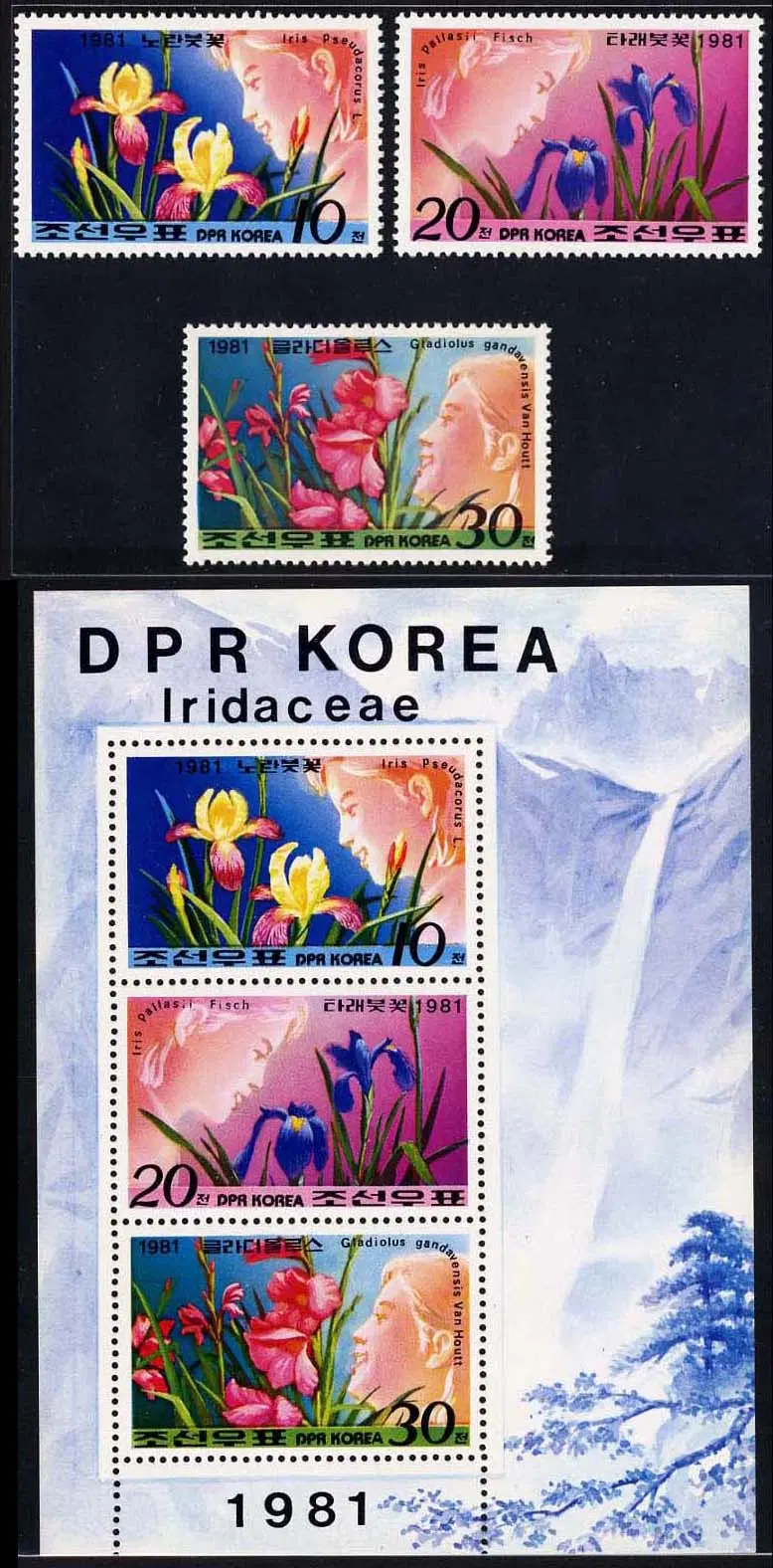[BKstamp우표] 북한 꽃 기념우표3종완 시트1매(1981년)