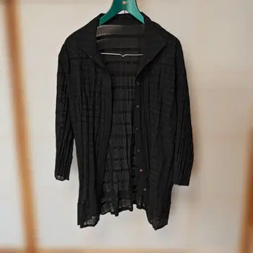 스기모토 플리츠 팔분 소매 셔츠 블라우스 블랙 시어 소재 구제 의류