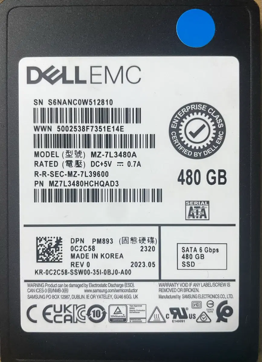 델 EMC SSD 480GB MZ-7L3480A 미사용 팝니다.