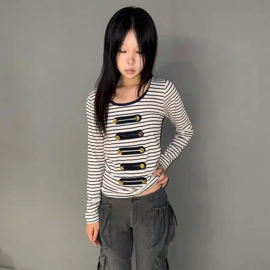 일본빈티지 나폴레옹 버튼 스트라이프 롱슬리브