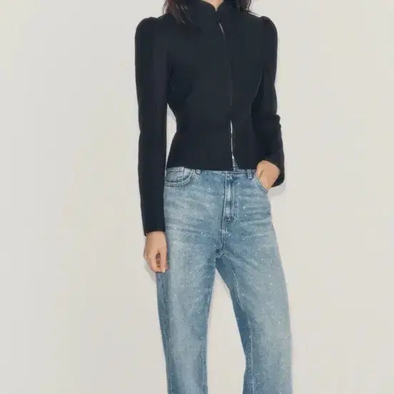 자라 글리터 아플리케 미드라이즈 와이드 데님팬츠