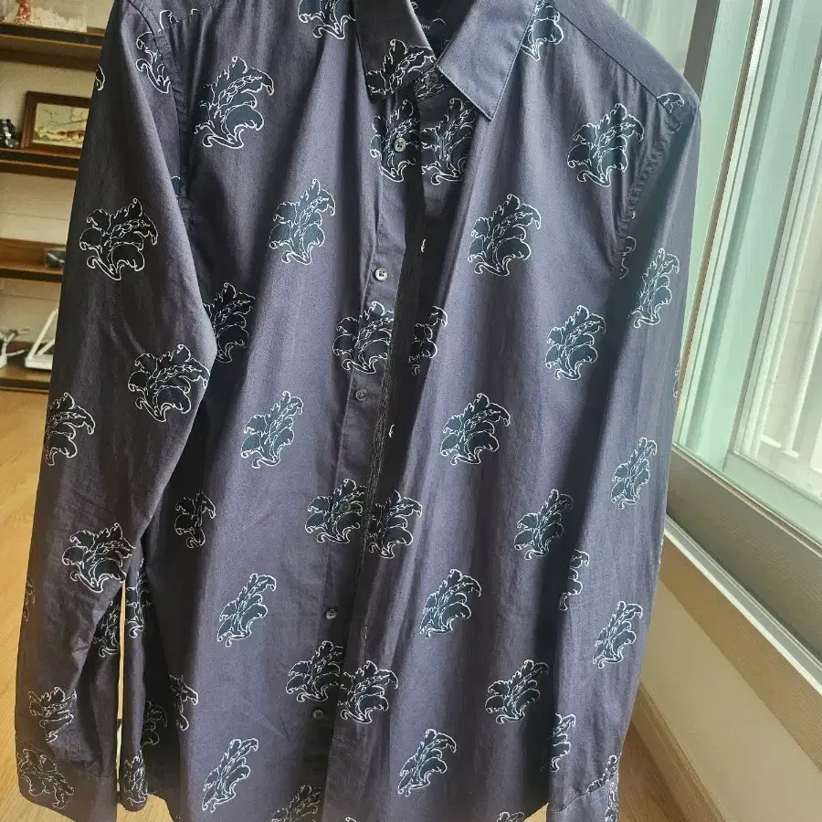 H&M 네이비 셔츠 드라이완료 프리미엄코튼 슬림핏 패턴 M(100)