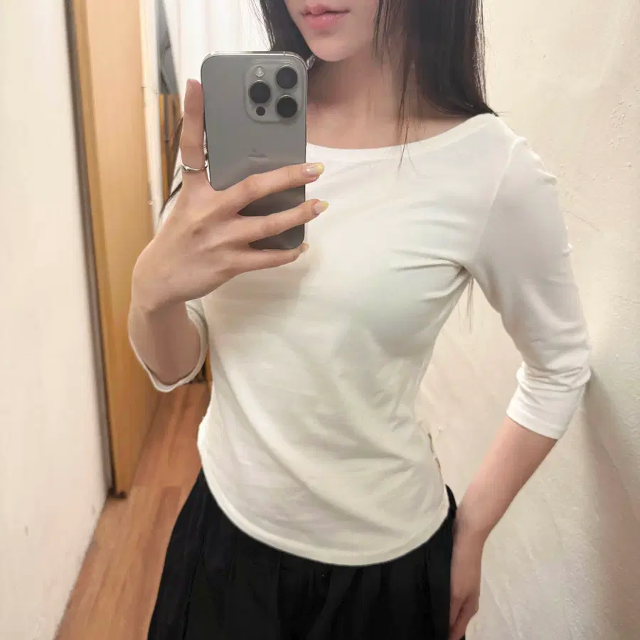 막스마라 스포트막스 7부 소매 티셔츠 솔리드 와이드 디테일 화이트