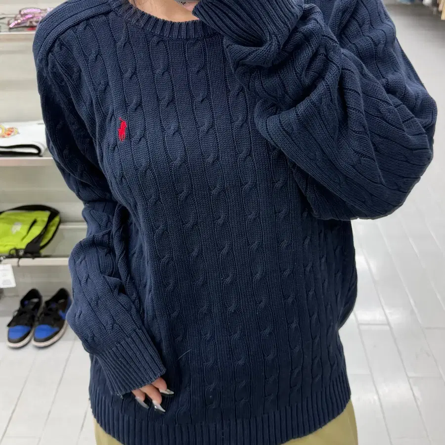 (XL) 폴로 랄프로렌 00's 네이비 레드 기마 자수 긴팔 니트