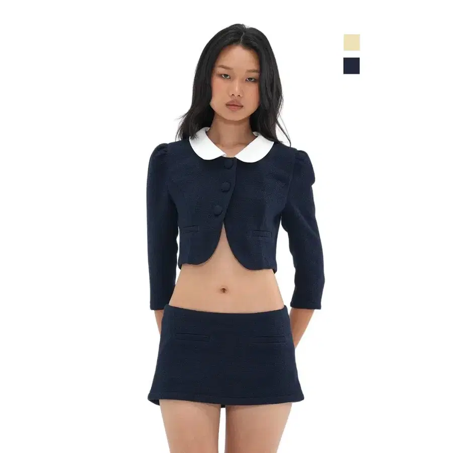 SWEETCHILLING 스위트칠링 배색 카라 숏자켓 미니스커트 셋업