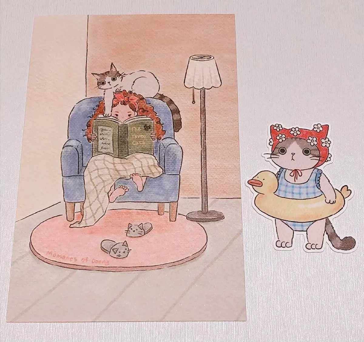 고양이 일러스트 엽서 조각 스티커 일괄