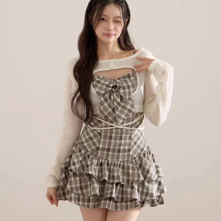 버블즈 BUBBLES 오픈 가디건 리본 원피스