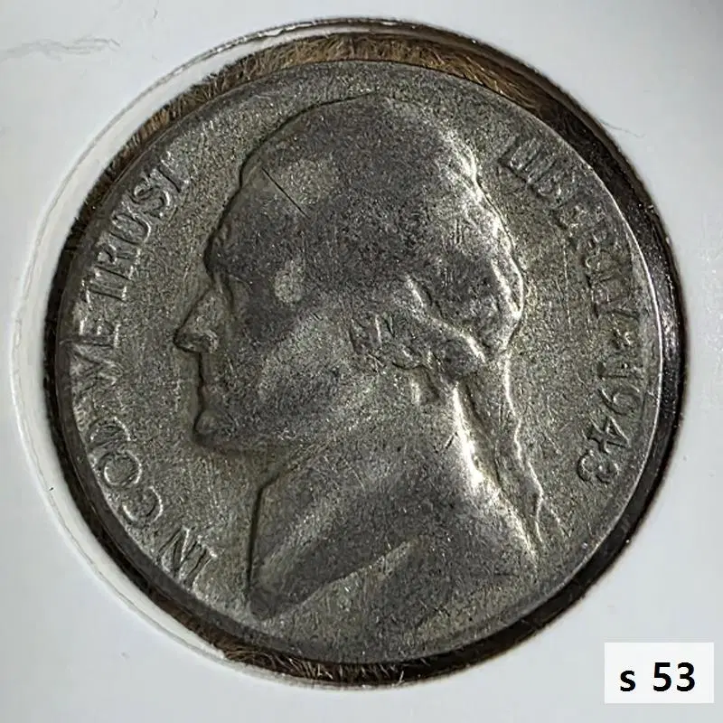 미국 1943년 S 토머스제퍼슨 워니켈 5센트 통용 은화