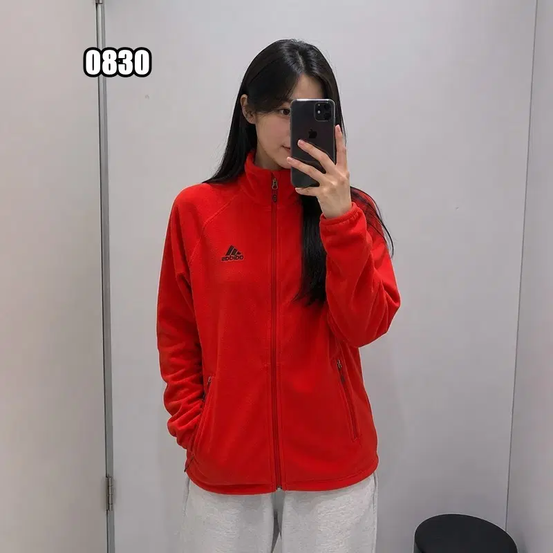 M 아디다스 스몰로고 레드 플리스 집업 자켓