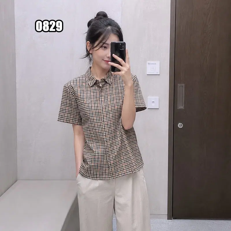 L 닥스 타탄 하우스 체크 패턴 반팔 셔츠