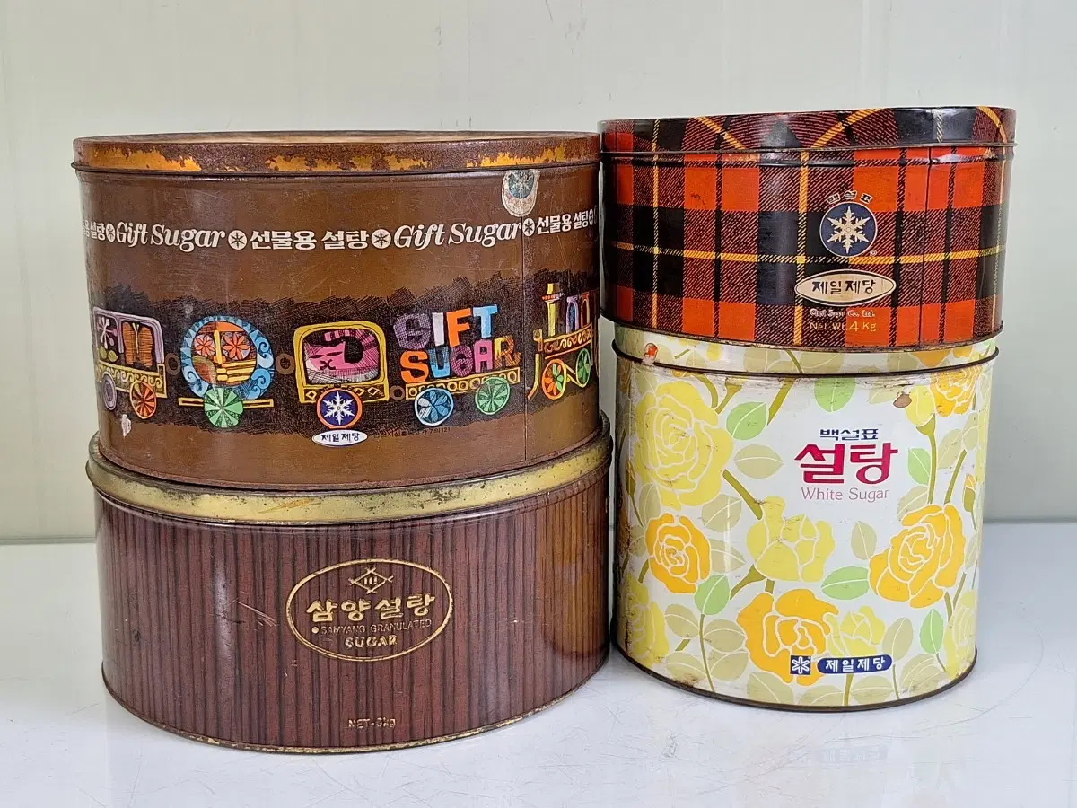 근대사 수집 자료 옛날 민속품 백설 제일제당 삼양 양철 설탕 깡통 대형 4점