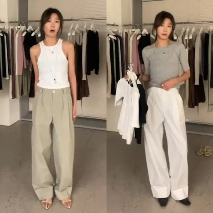 108파운드 코튼 핀턱 카브라 아이보리 카키 와이드팬츠 S