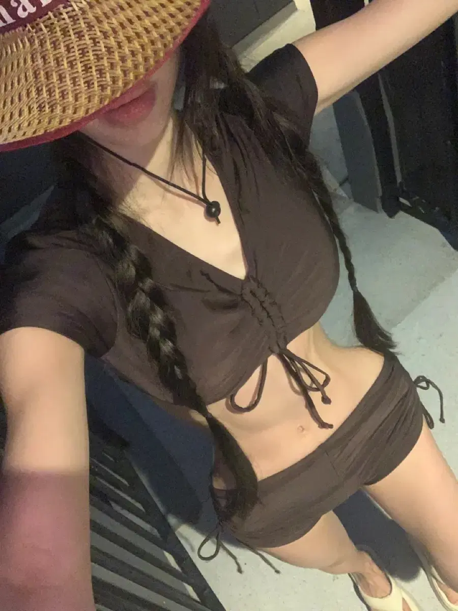 브라운 셔링 크롭 반팔 래쉬가드 비키니 수영복 세트 S
