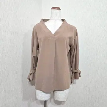 N. V넥 7부 소매 풀오버 블라우스 베이지 ( M ) 여성용 리본