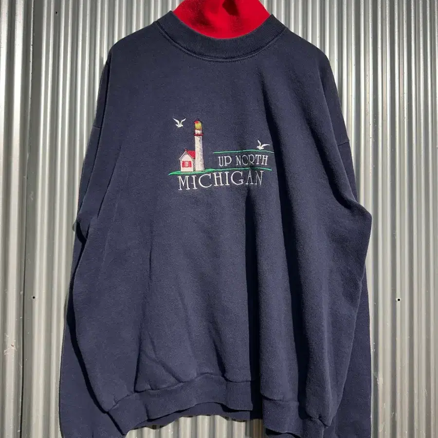 [L (실측 남성 L~XL)] 리 USA 코튼 블렌드 업 노스 미시간 등대 자수 목폴라 맨투맨 네이비/레드