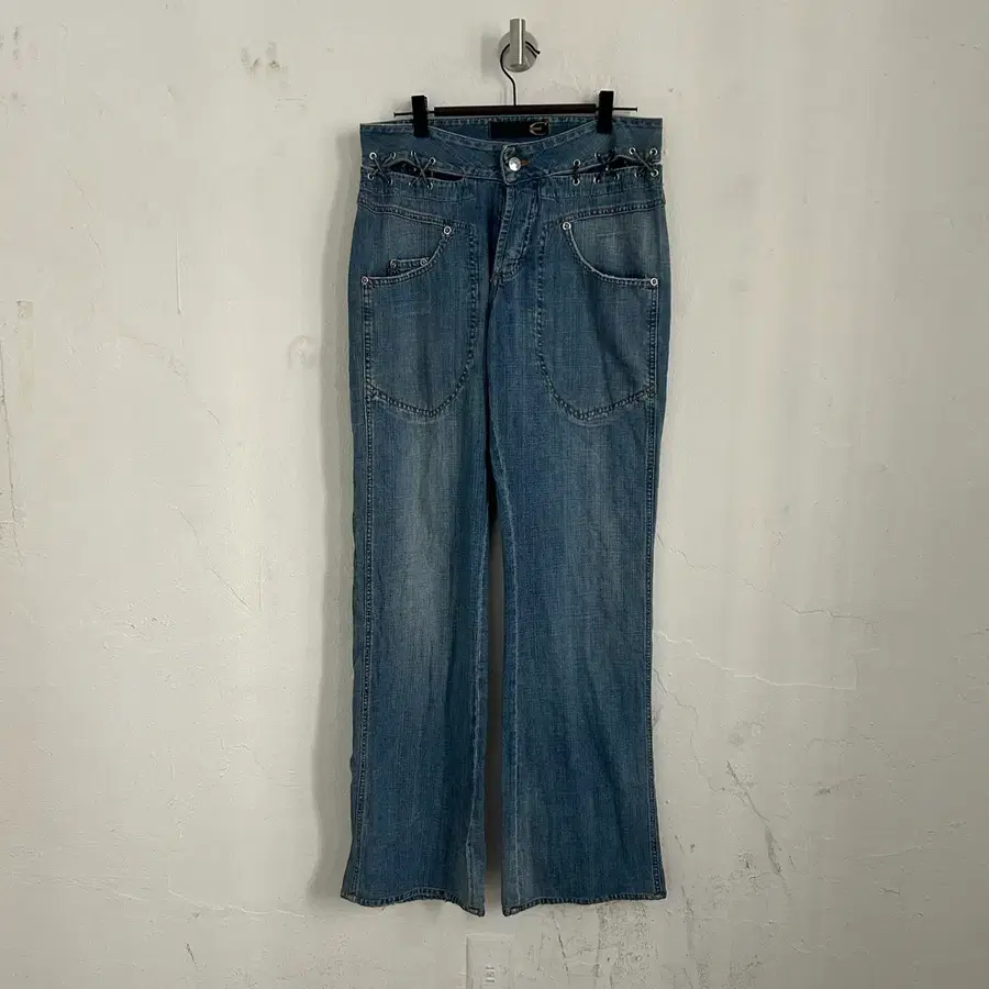 Just Cavalli 레이스업 레이어드 부츠컷 데님 팬츠