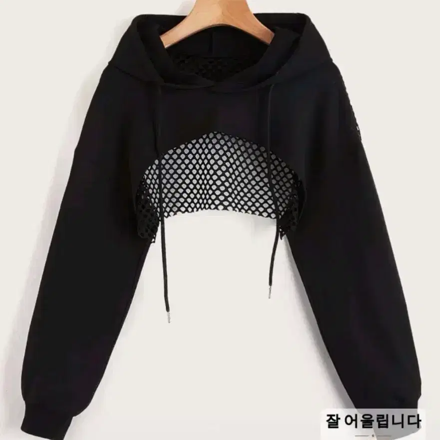 그물망 크롭 후드티 블랙