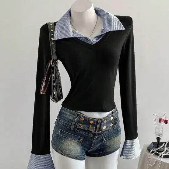 쉬인 레이어드 셔츠 카라 크롭
