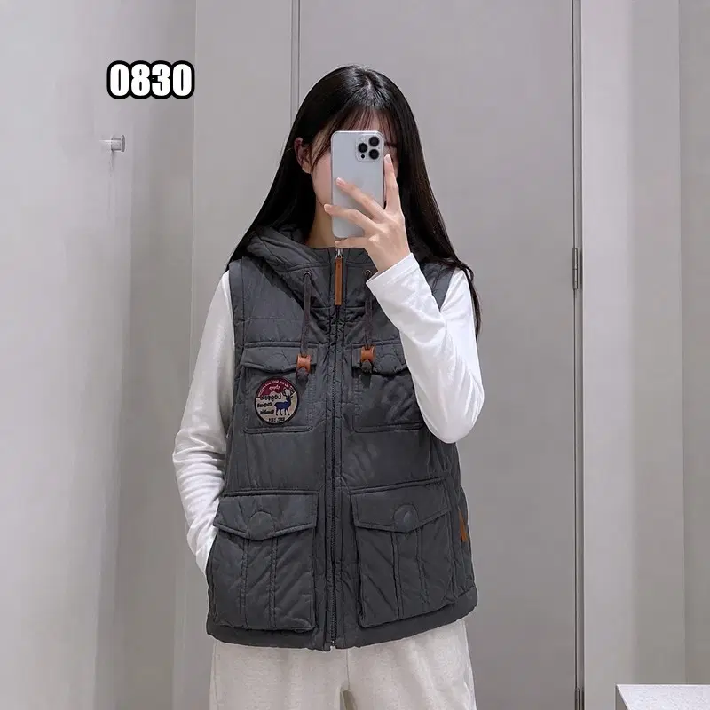 M 지프 멀티 로고 후드 패딩 조끼 베스트