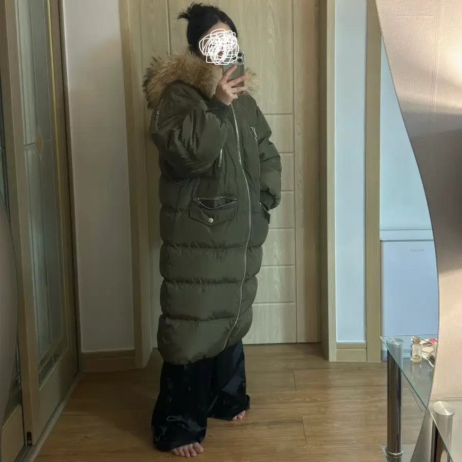 오리털 카키 퍼 롱패딩