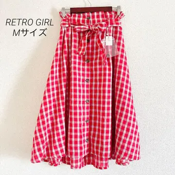 RETRO GIRL 새상품 체크 플레어 스커트 M 빨간색 허리 개더 프론트 버튼