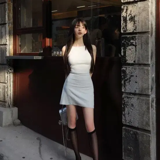 잔느 코젤 보트넥 미니 원피스 숏 백멜란지